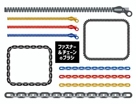 ファスナーとチェーンのブラシ ファスナー,チャック,チェーン,鎖,ライン,フレーム,グレー,シルバー,ゴールド,金のイラスト素材