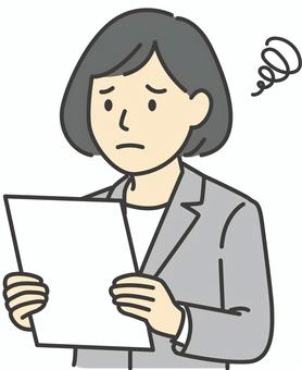 悲しい顏で書類を見るビジネスウーマン 人物,女性,落ち込む,頭痛,ストレス,悩む,不調,気になる,心配,失敗のイラスト素材
