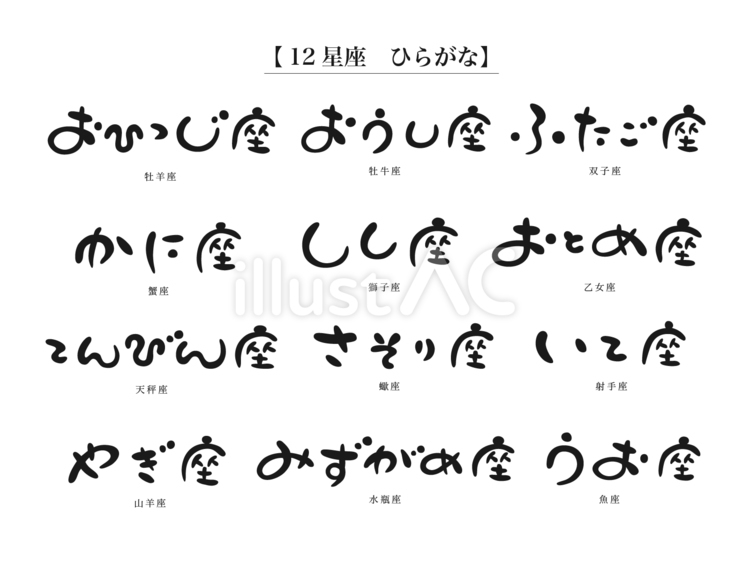 12星座ゆる筆文字ひらがな ゆる文字,筆文字,毛筆のイラスト素材
