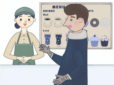 カフェで注文を受ける店員6 カフェ店員,人物,接客,おしゃれ,帽子,エプロン,バリスタ,サービス業,制服,ブラウスのイラスト素材