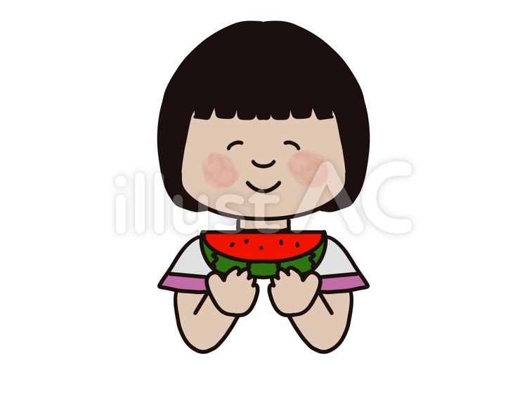 スイカを頬張る女の子 女の子,スイカ,手描きのイラスト素材