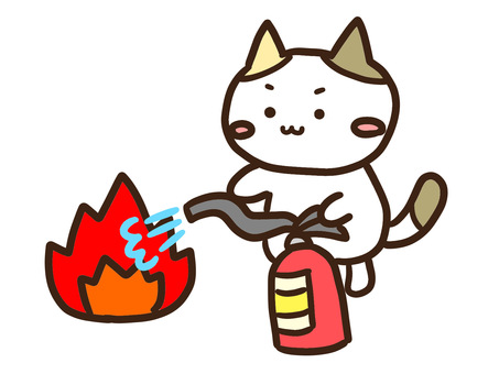 消火器で初期消火訓練をするかわいい三毛猫 消火,消火器,消防士,訓練,動物,ねこ,防災,練習,火事,緊急のイラスト素材