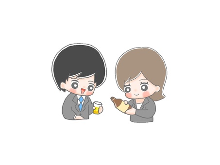 お酌　同僚１　 手描き,男性,女性,黒髪,茶髪,会社員,お酌,社会人,仕事,飲み会のイラスト素材