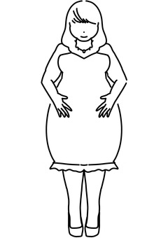 お腹を触る少し太ったドレス女性　線画 女性,ぽっちゃり,正面,全身,ドレス,線画のイラスト素材