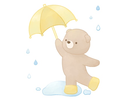 水たまりの上でルンルンなクマ_水彩 くま,水彩,傘,長靴,梅雨,雨,水たまり,踊る,動物,かわいいのイラスト素材