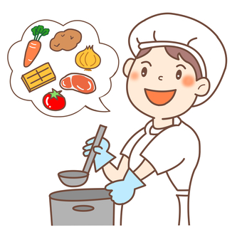 調理師 給食さん,給食,栄養士,コック,白衣,料理,食材,材料,カレーのイラスト素材