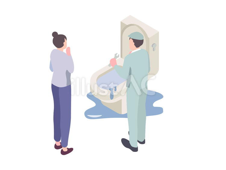修理業者と水漏れしたトイレと女性 トイレ,便器,お手洗いのイラスト素材