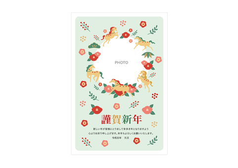 2026年午年のフォトフレームの年賀状 お正月,正月,午年,年賀状,年賀はがき,写真,フォトフレーム,テンプレート,馬,干支のイラスト素材