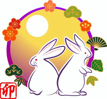 うさぎ　年賀素材　月と松竹梅