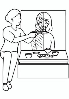 麻痺側から食事介助　ベッド上線画 麻痺,脳梗塞,介護,食事介助,看護師,女性,おばあさん,高齢者,ベッド,線画のイラスト素材