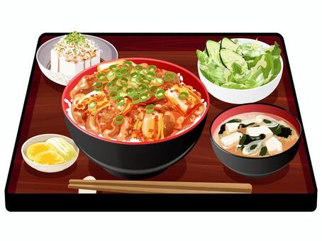豚キムチ丼定食 豚キムチ丼,定食,料理,食べ物,丼物,豚キムチ,味噌汁,ネギ,豆腐,わかめのイラスト素材