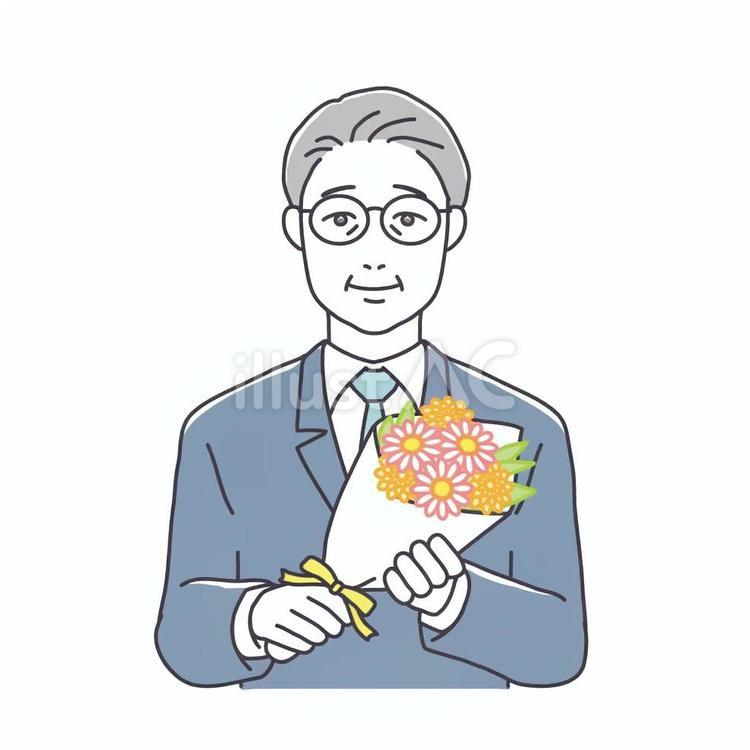 定年退職で花を貰う男性 退職,退職祝い,定年退職のイラスト素材