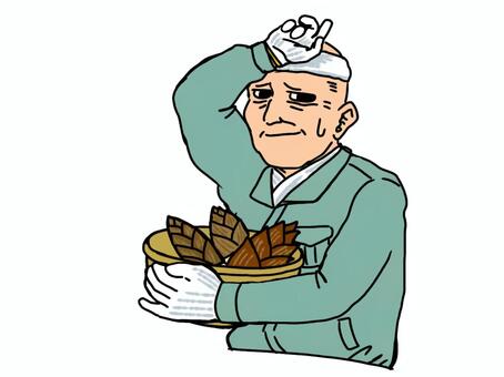 たけのこのカゴを抱える老人の男性 たけのこ,たけのこ狩り,お爺さん,男性,おじいちゃん,野良仕事,作業服,軍手のイラスト素材