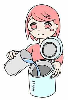 桃色の女の子が加湿器に水を入れる ピンク,水,加湿器,加湿,乾燥対策,水を入れる,給水,家電,生活,日常のイラスト素材