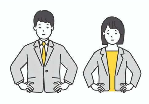 不満顔の男女ビジネスパーソン 人物,女性,男性,ビジネスパーソン,考え込む,不満,不本意,否定的,心配,悩むのイラスト素材