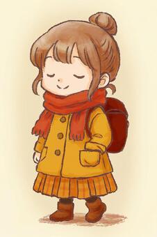 おだんごヘアのマフラーをした女の子 女の子,おだんご,冬,マフラー,コート,スカート,シンプル,リュック,ミニキャラのイラスト素材