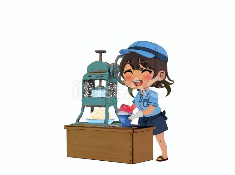 夏レトロかき氷器アイスかき氷縁日祭り店員 かき氷,練乳,しろくまのイラスト素材