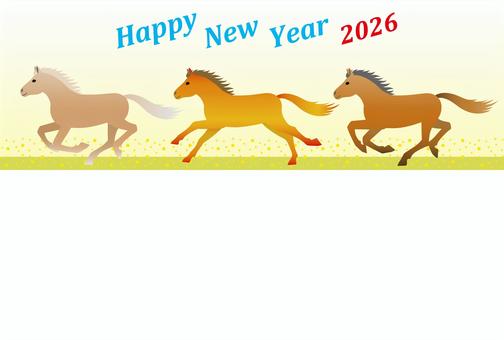 2026　午年の年賀状用イラスト 2026年,年賀状,馬,午年,英語,3頭,シンプル,横,横書き,走るのイラスト素材