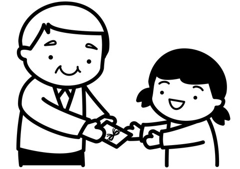 お年玉-1c お年玉,あげる,もらう,おじいさん,子供,孫,女の子,老人,笑顔,お年玉袋のイラスト素材