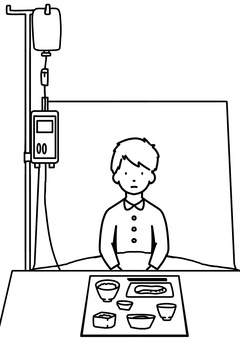 点滴中食事する男児　線画 点滴,子供,男児,入院,治療,線画のイラスト素材