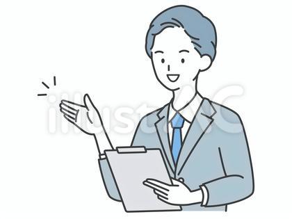 後ろを指しながら説明するビジネスマン