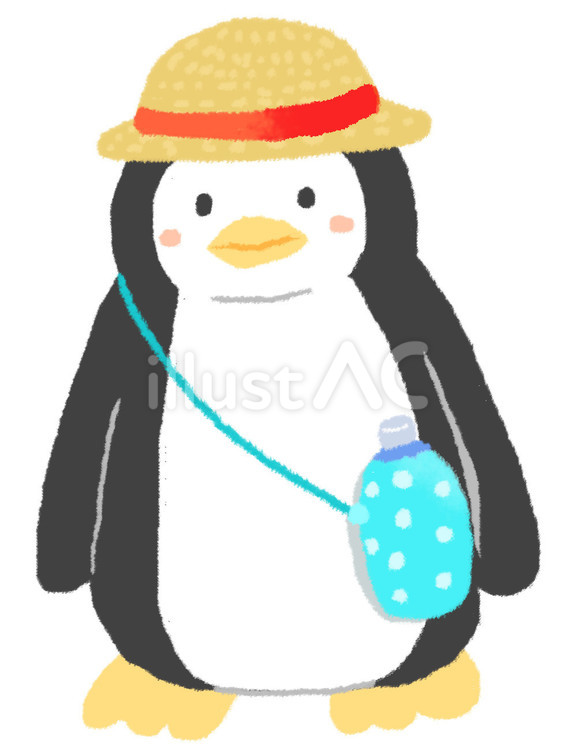 熱中症対策のペンギン ペンギン,水筒,麦わら帽子のイラスト素材