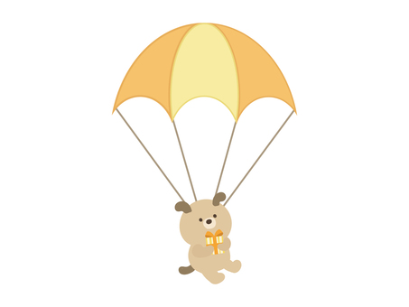 パラシュートでプレゼントを運ぶ犬 動物,犬,プレゼント,パラシュート,お誕生日,パーティー,お誕生日会,記念日,お祝い,ハーフバースデーのイラスト素材