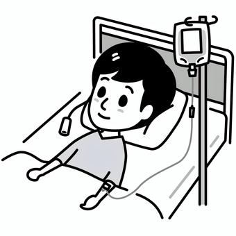 点滴している男性　白黒 入院,白黒,点滴,男性,医療,病院,ベッド,ナースコール,病衣,若いのイラスト素材