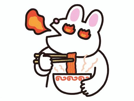激辛ラーメンで口と目から火を吹くうさぎ 激辛,辛い,唐辛子,炎,火,チャレンジ,ラーメン,麺,麺類,即席麺のイラスト素材