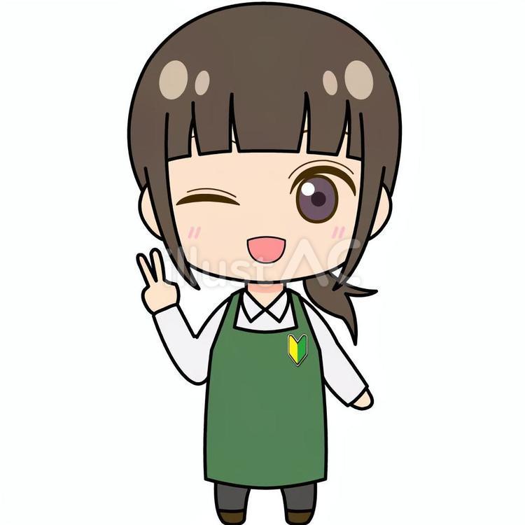若葉マークをつけたエプロンを着た女性店員 女性,店員,スタッフのイラスト素材
