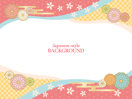 新春の和風フレーム素材（着物色・菊と桜） 和柄,年賀状,フレーム,和風,背景,市松,麻の葉,菊,桜,花のイラスト素材