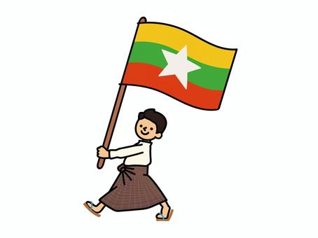 ミャンマーの国旗を持つ人 ミャンマー,国旗,男性,人,民族衣装,アジアのイラスト素材
