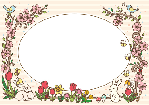 少しレトロな春のフレーム-5（A4横） レトロ,春,フレーム,背景,花,桜,サクラ,ウサギ,うさぎ,鳥のイラスト素材