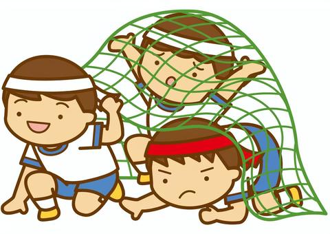 障害物競走-4c 障害物競走,運動会,競技,競走,網,くぐる,小学生,はちまき,体育着,運動着のイラスト素材