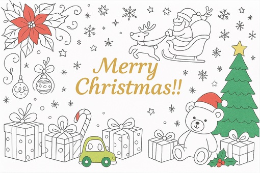 ぬり絵クリスマスカード クリスマス,カード,メッセージ,塗り絵,プレゼント,クリスマスツリー,ポインセチア,トナカイ,サンタクロース,キャンディースティックのイラスト素材