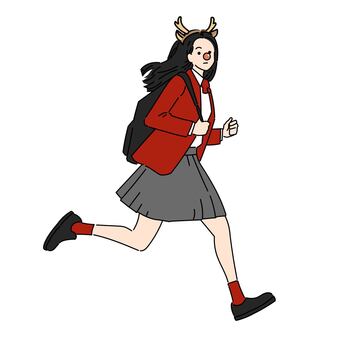 トナカイの格好をして走る女子生徒 トナカイ,女性,赤っ鼻,クリスマス,角,走る,全身,学生,制服,生徒のイラスト素材