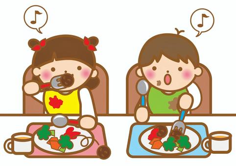 食事の時間　子供 ご飯,食事,夕飯,お昼,ランチ,楽しい,スプーン,フォーク,女の子,男の子のイラスト素材