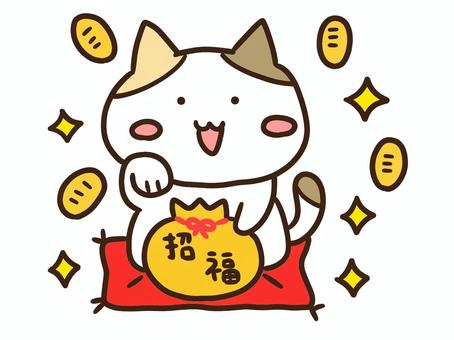 招き猫・金運ねこ・かわいい三毛猫 招き猫,金運,金,招福,ねこ,かわいい,金持ち,宝くじ,小判,キラキラのイラスト素材