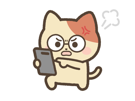 スマホの画面を見て怒るねこ（メガネ） ねこ,スマホ,怒る,激怒,携帯,スマートフォン,日常,表情,かわいい,ゆるいのイラスト素材