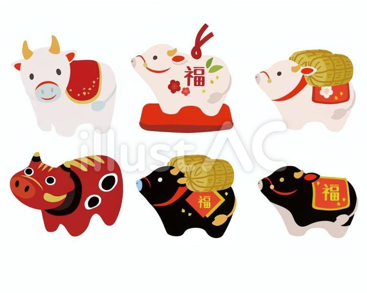 縁起物まとめ 縁起物,丑,牛のイラスト素材