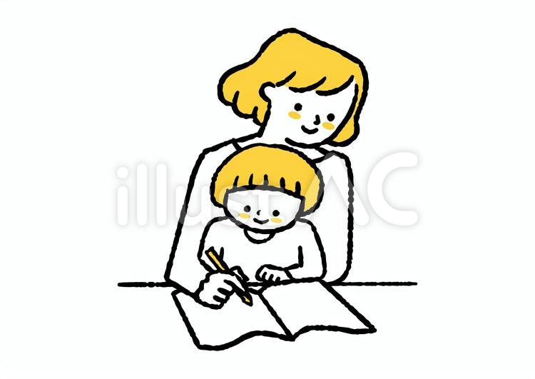 子どもを膝に乗せて描いている母 子ども,膝,抱っこのイラスト素材