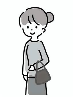 カバンを持つ女性　白黒イラスト 女性,カバン,シンプル,バッグ,買い物,ラフタッチ,かわいい,手書き風,感情,表情のイラスト素材
