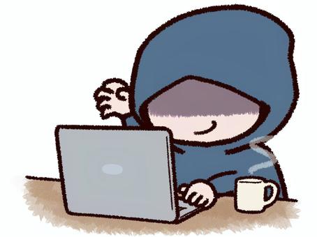 パソコンを操作する怪しい人物/ハッカー風 パソコンを操作する怪しい人物/ハッカー風 ハッカー,サイバー攻撃,セキュリティ,パソコン,情報漏えい,ウイルス,サイバー犯罪,ネットトラブル,個人情報,パソコン操作のイラスト素材