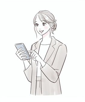 スマホを見て笑顔になるスーツ姿の女性 女性,スマホ,かわいい,オシャレ,人物,操作,使う,見る,笑顔,嬉しいのイラスト素材