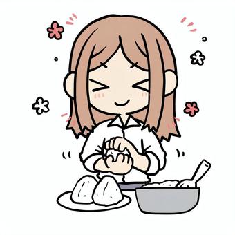 おにぎりを握る笑顔女性 女性,おにぎり,笑顔,握る,うれしい,楽しみ,にこにこ,期待,気持ち,込めるのイラスト素材