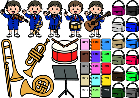 吹奏楽のアイテムです。 吹奏楽,シンプル,手提げバッグ,メモ帳,譜面台,太鼓,トロンボーン,トランペット,ホルン,クラリネットのイラスト素材