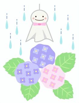 紫陽花とてるてる坊主_ピンク・紫系 あじさい,梅雨,てるてる坊主,紫,紫陽花,ピンク,かわいい,6月,雨,花のイラスト素材