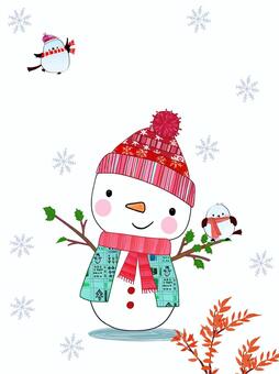 雪だるま 雪だるま,生き物,小鳥,クリスマス,雪,植物,冬,チラシ,宣伝,ポストカードのイラスト素材