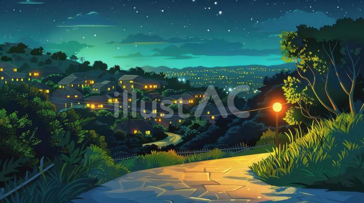 住宅街を見下ろす夜道 夜,住宅街,道のイラスト素材