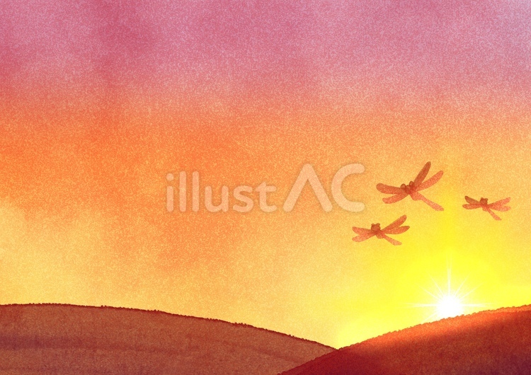 夕焼けの丘とトンボの手描き背景 夕焼け,夕日,トンボのイラスト素材